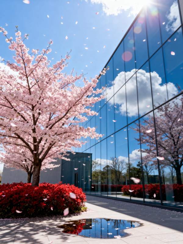 樱花映玻璃幕墙图片