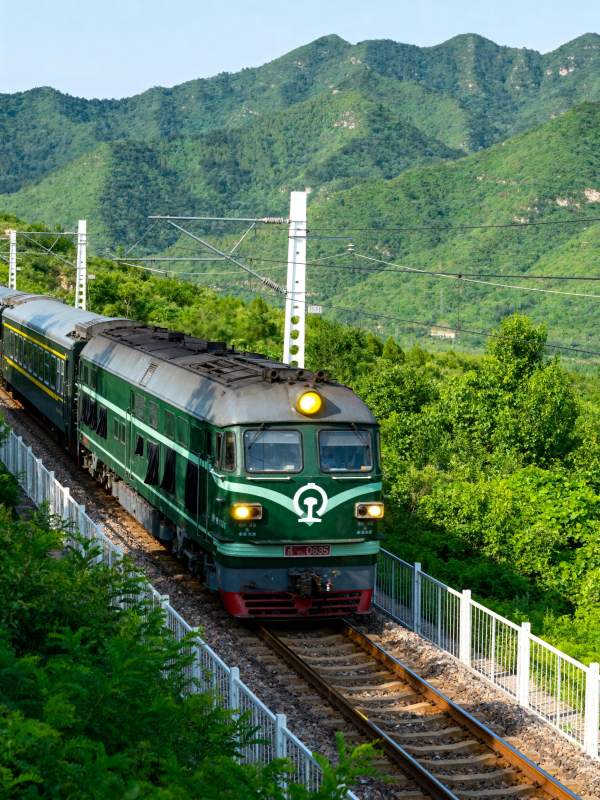 绿皮火车穿行山间图片