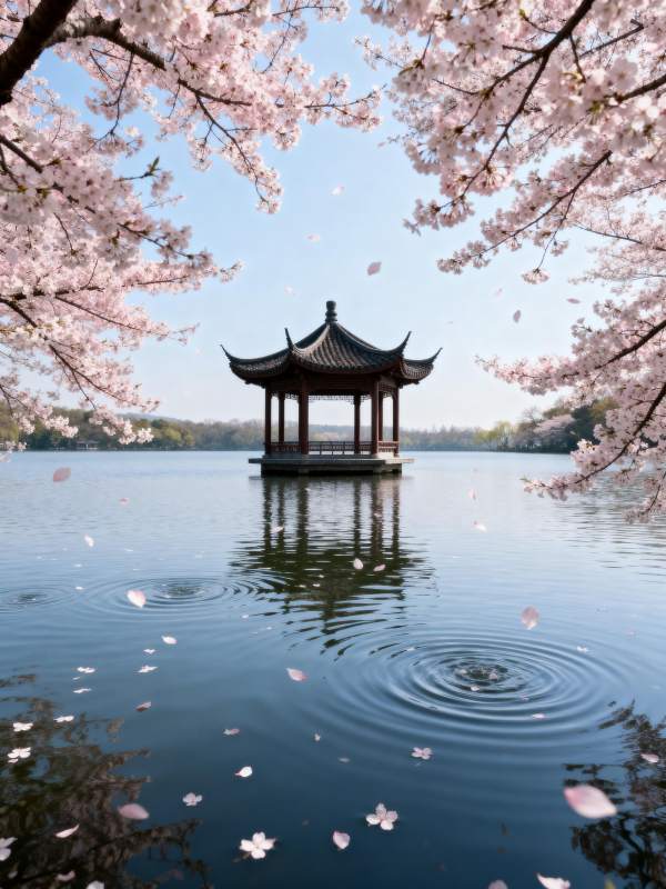樱花亭影水波中图片