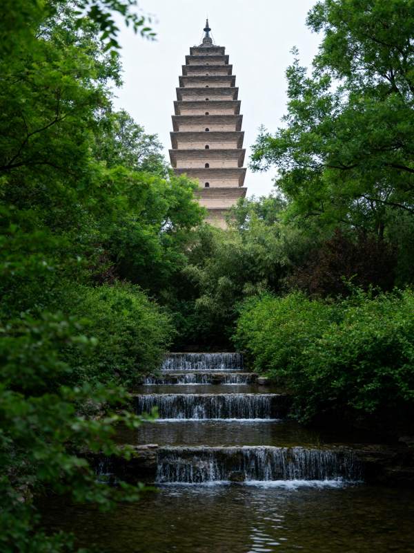 塔影溪流绿意浓图片