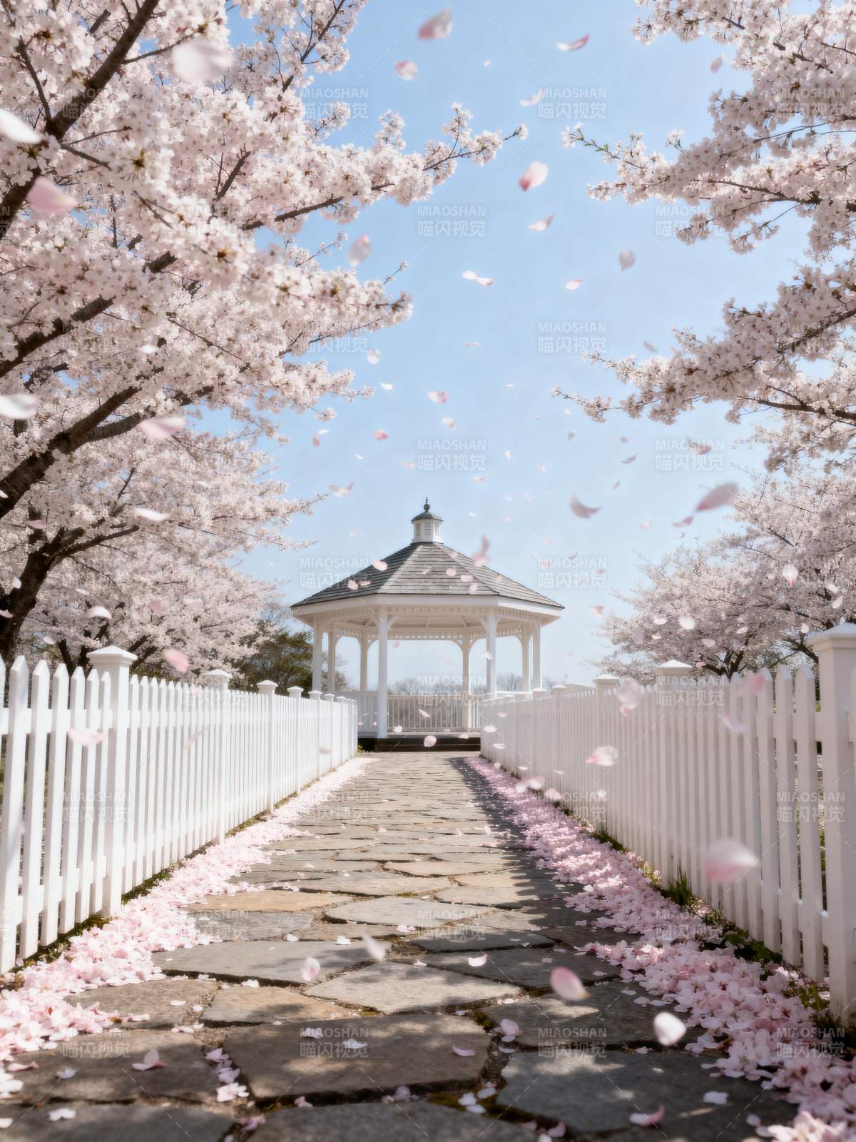 樱花小径与凉亭图片