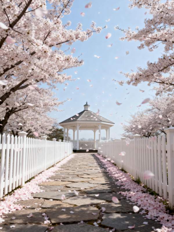 樱花小径与凉亭图片