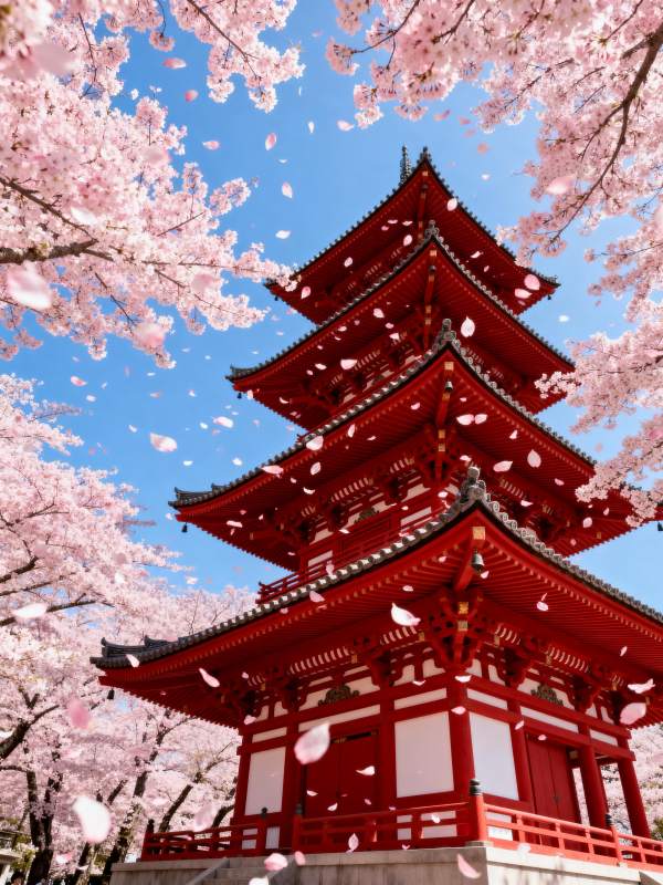 樱花映衬红塔图片