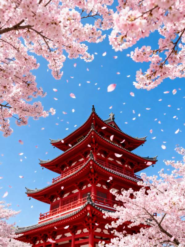 樱花映红塔图片