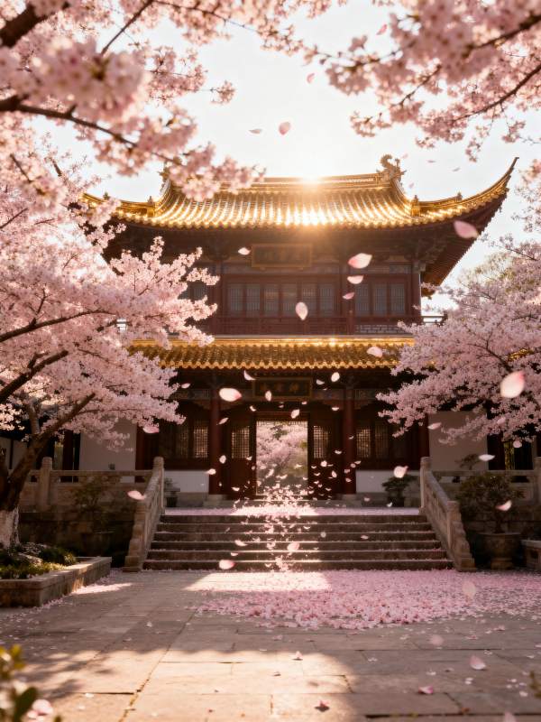 樱花映古寺图片