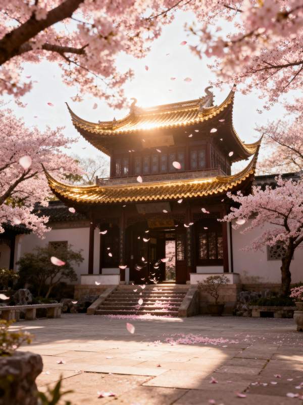 樱花映古亭图片