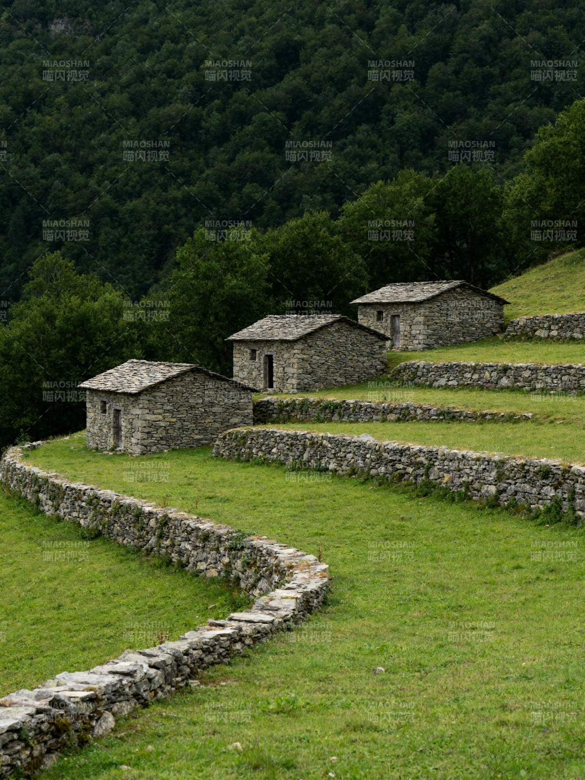 山间石屋梯田景图片