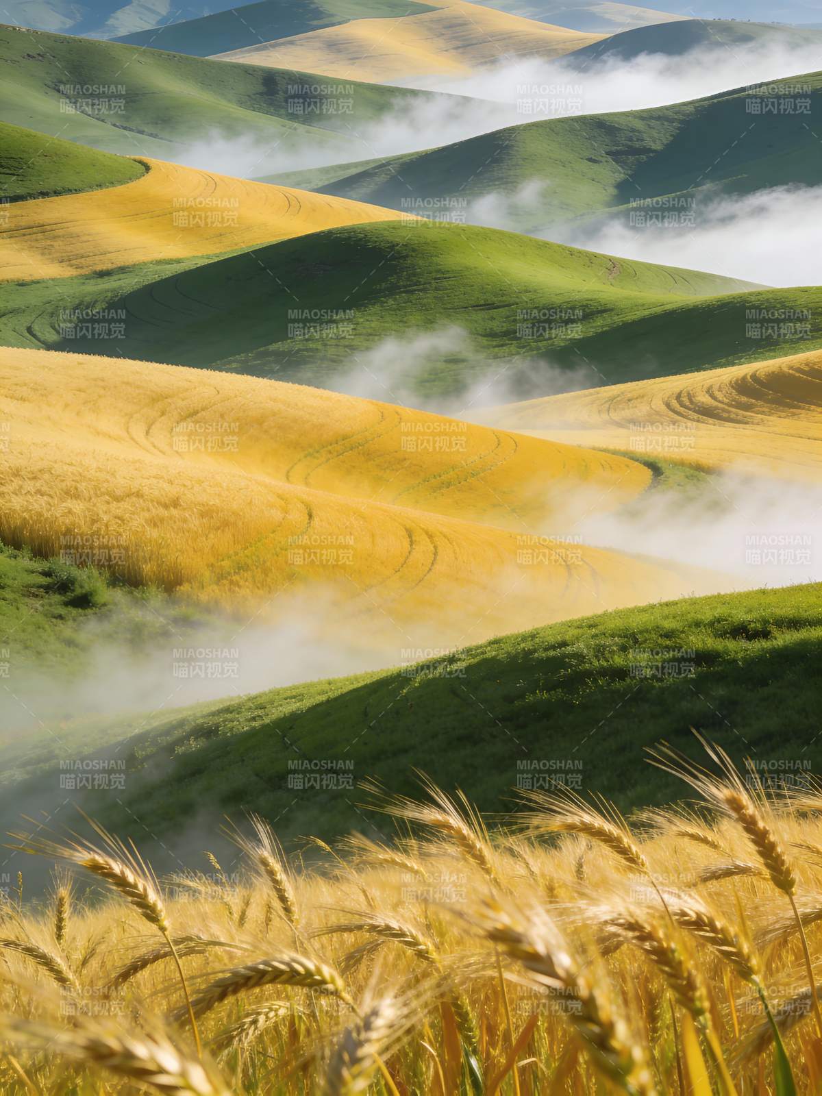 晨雾麦浪图片