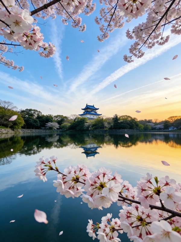 樱花映古塔图片