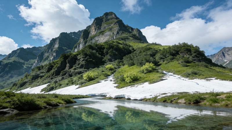 雪山溪流映蓝天图片