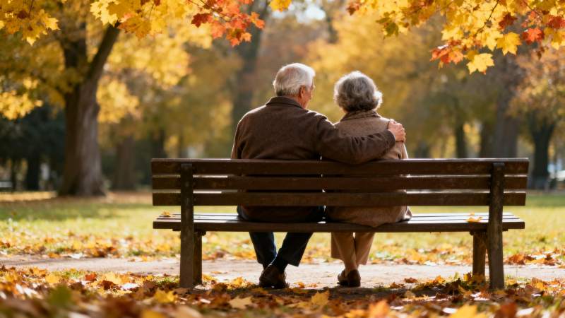 秋日公园情侣椅上图片