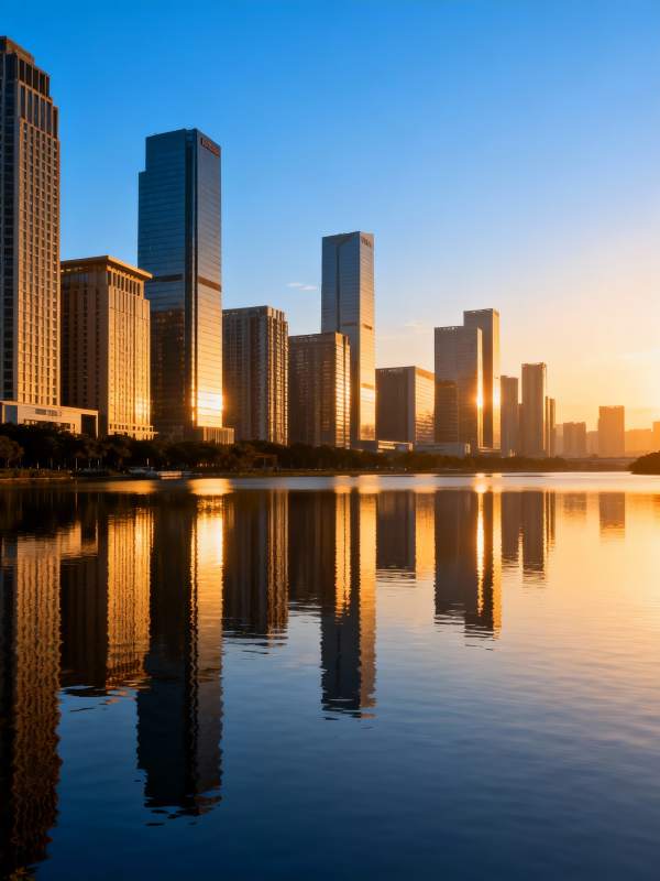 城市晨曦倒影图片