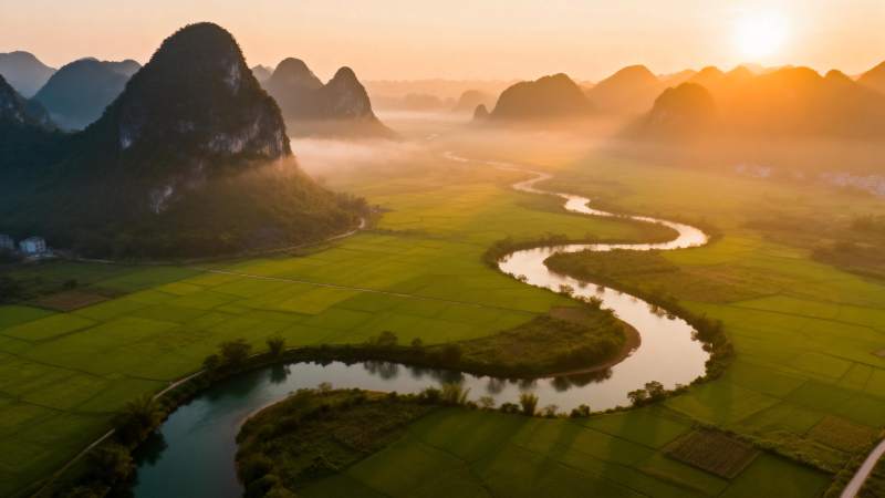 晨曦中的蜿蜒河流图片