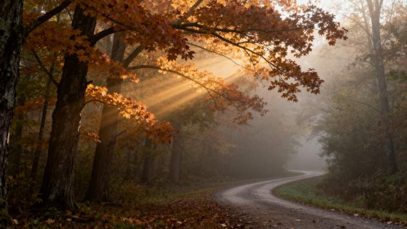 秋晨林间小径图片