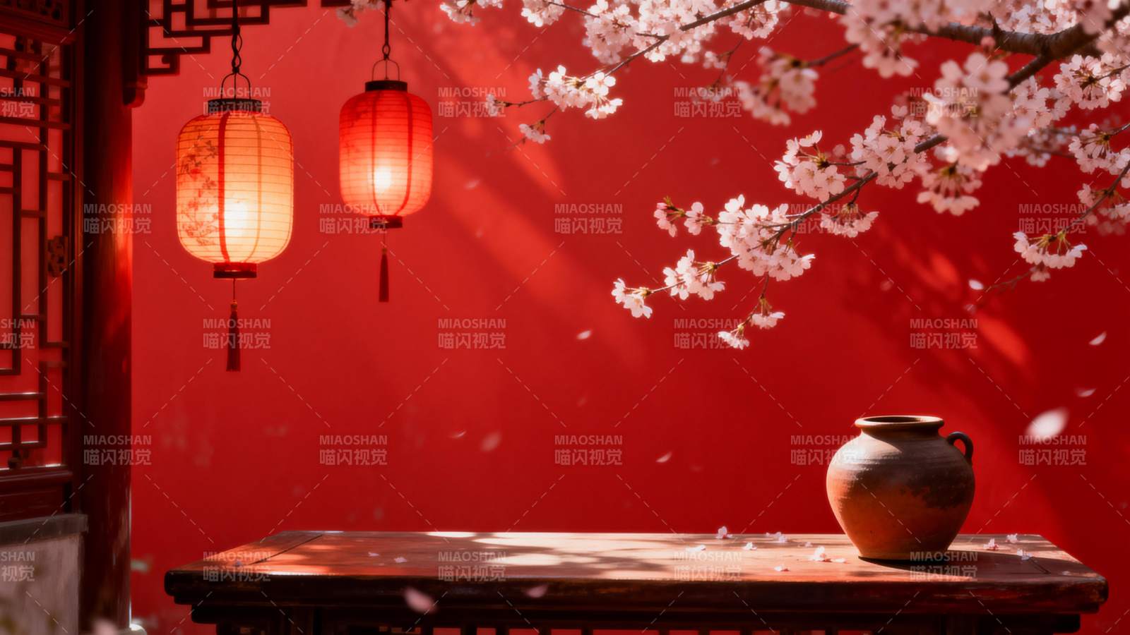 红墙花影灯影图片