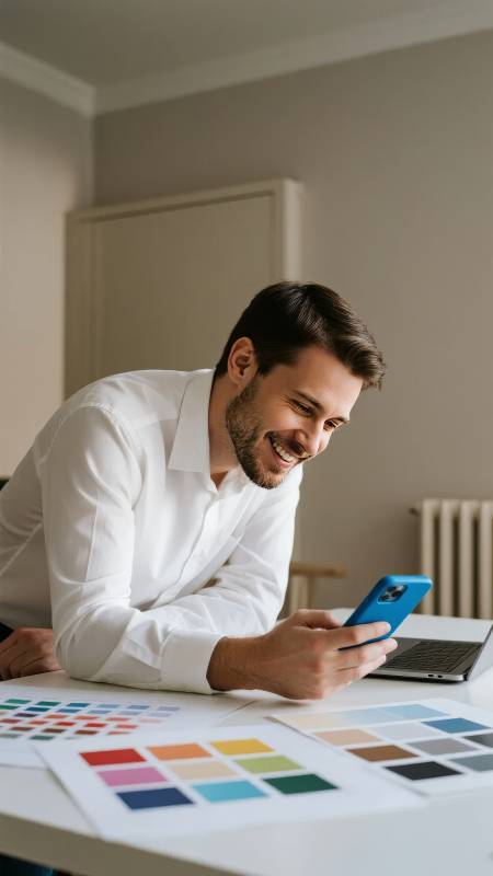 设计师专注手机工作图片