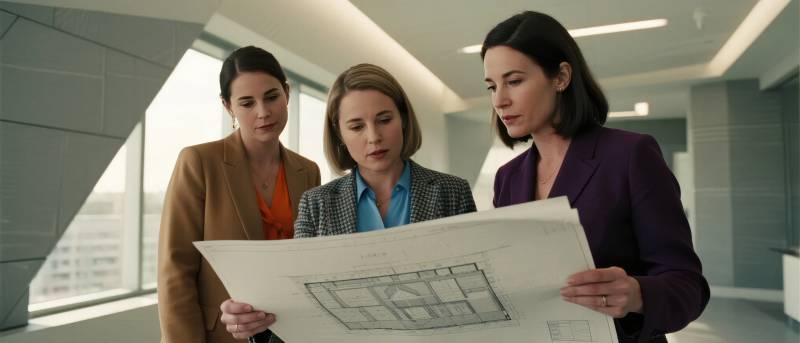 三位女性审阅建筑图纸图片