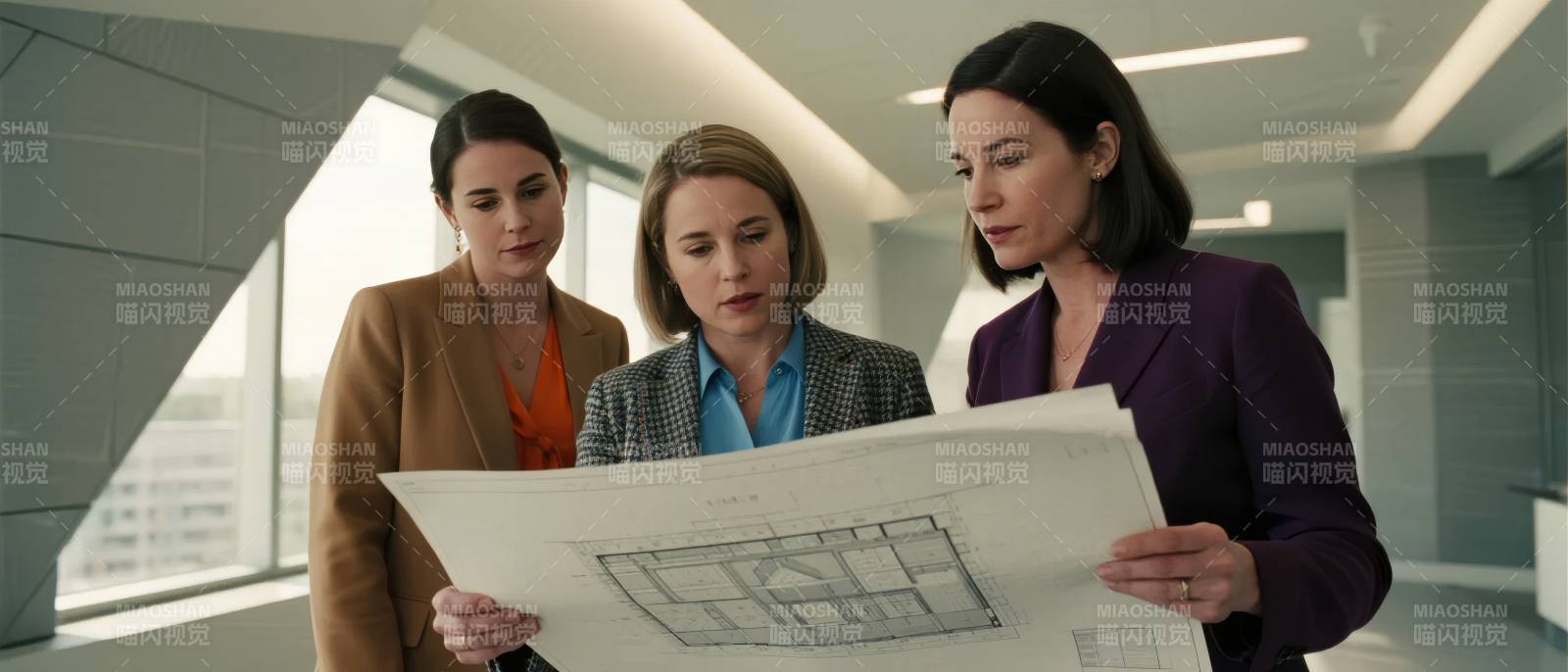 三位女性审阅建筑图纸图片