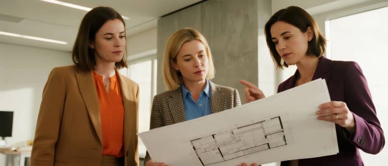 三位女性讨论建筑图纸图片