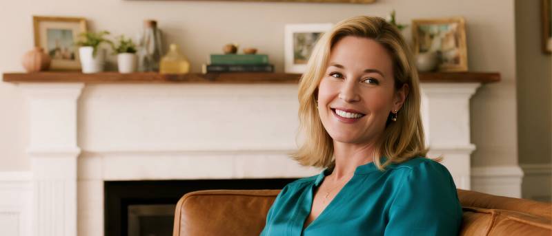 温馨客厅中的微笑女子图片