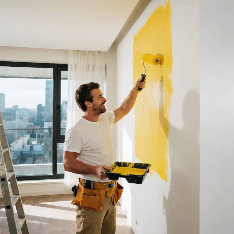 男子正在涂黄墙图片