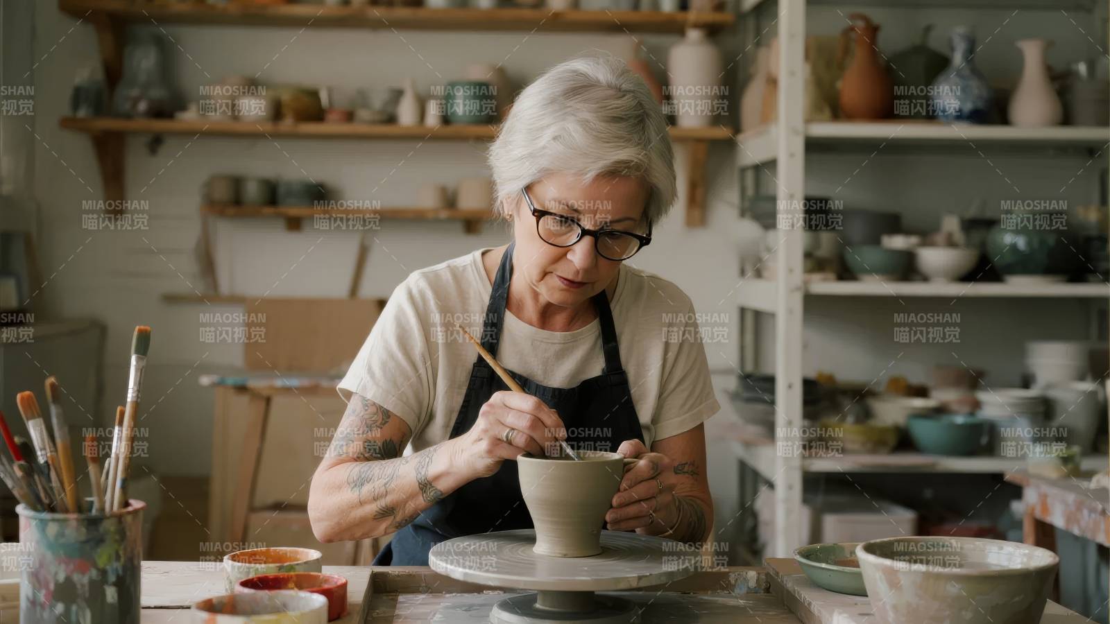 陶艺师专注创作图片