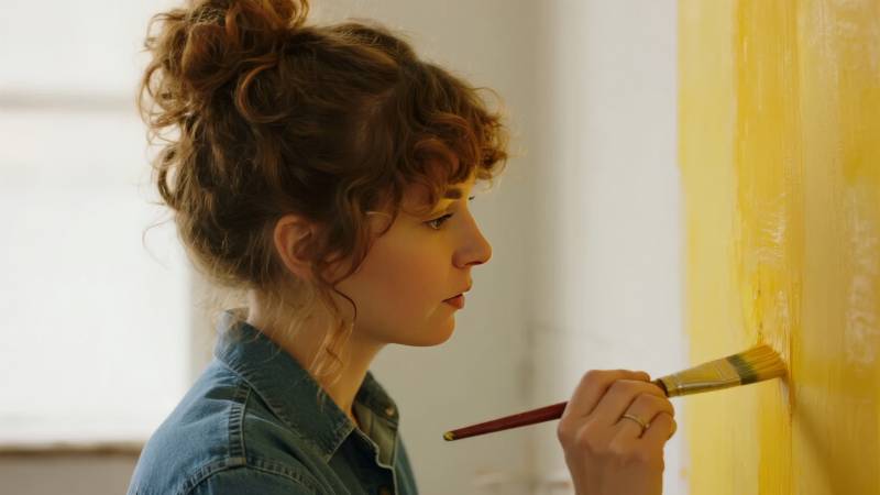 女子专注作画图片