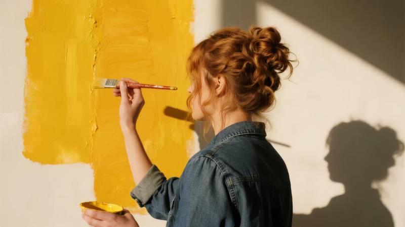 女子正在涂黄墙图片