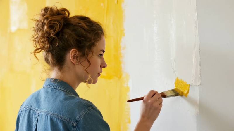 女子正在涂刷墙面图片