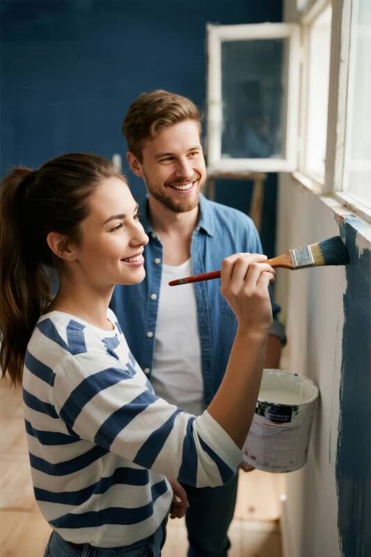 情侣共绘新家墙图片