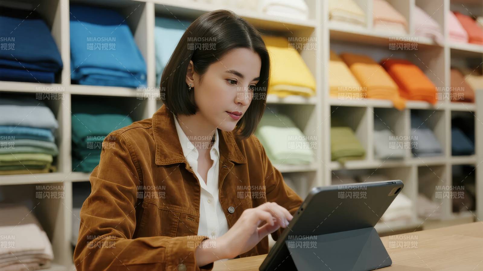 女子在店中使用平板图片