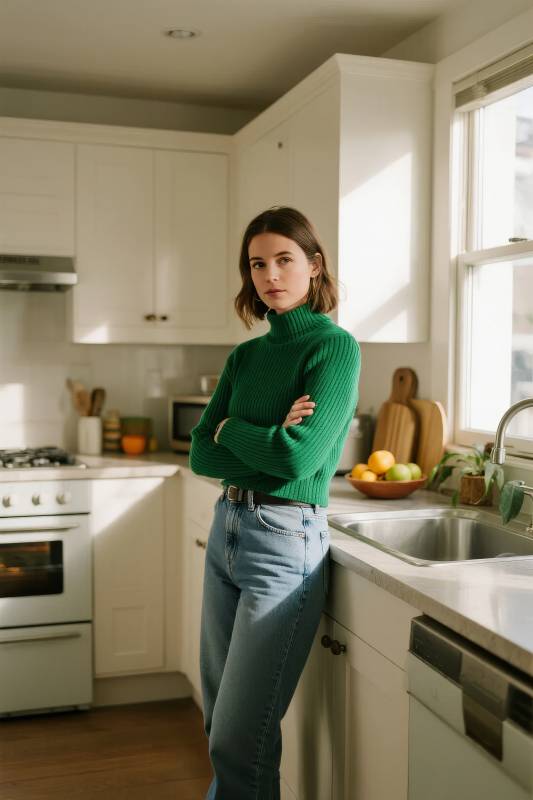 绿衣女子厨房倚台图片