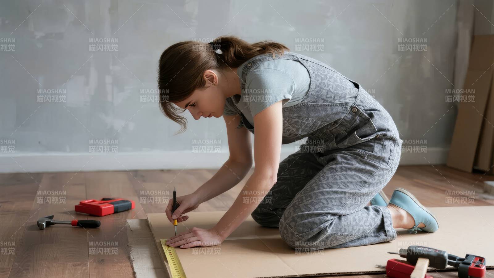 女子专注测量木板图片