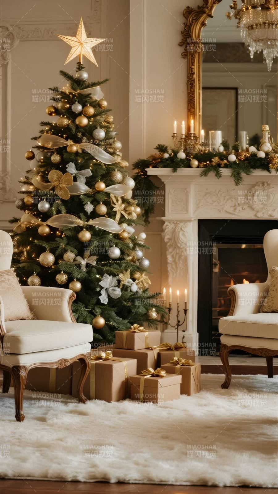 圣诞树下礼物满地图片