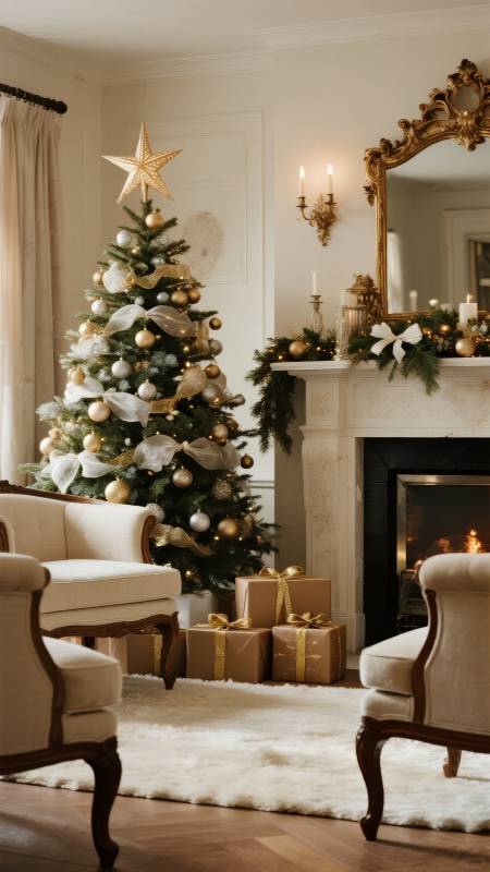 圣诞树与壁炉的温馨一角图片