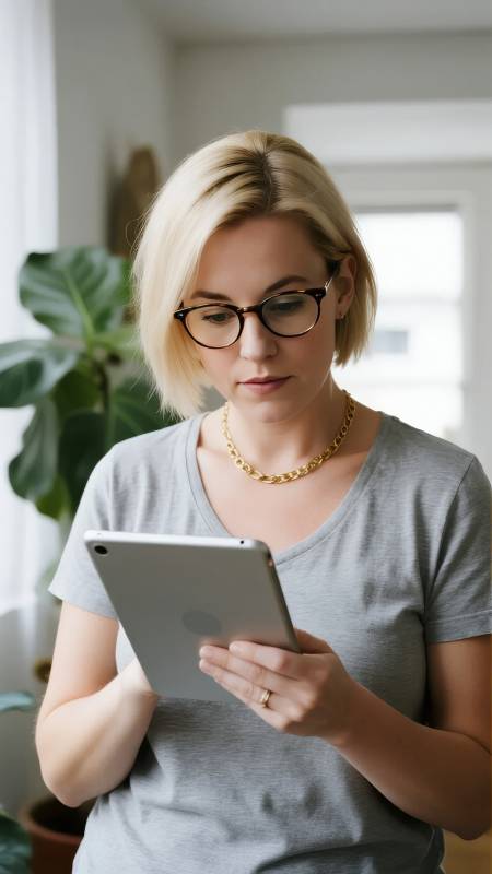 专注阅读平板的女子图片