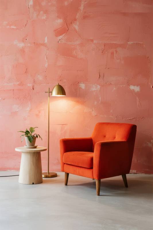 橙色沙发与粉墙图片