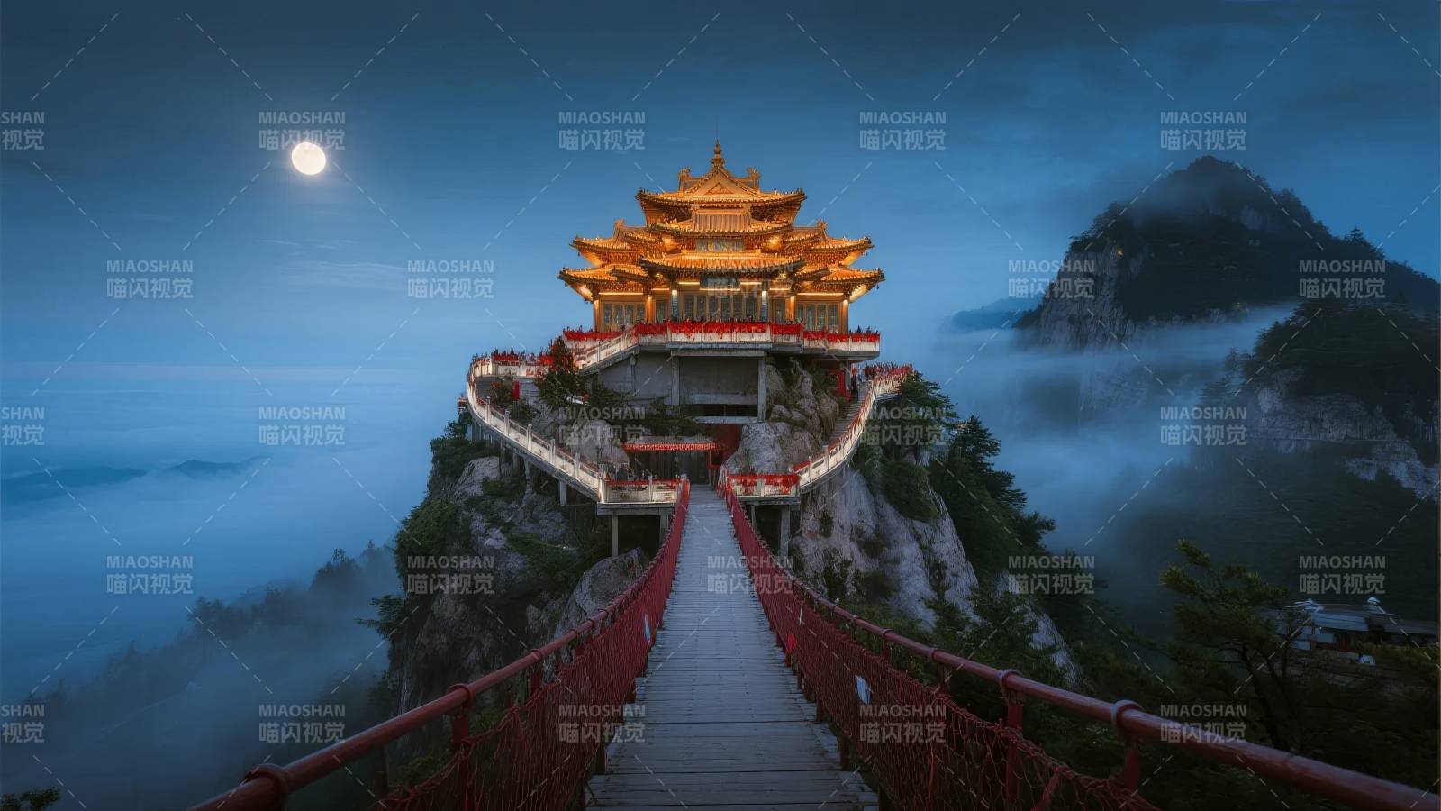 月夜山巅古寺图片