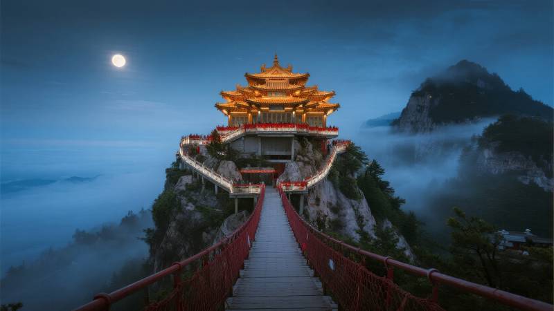 月夜山巅古寺图片