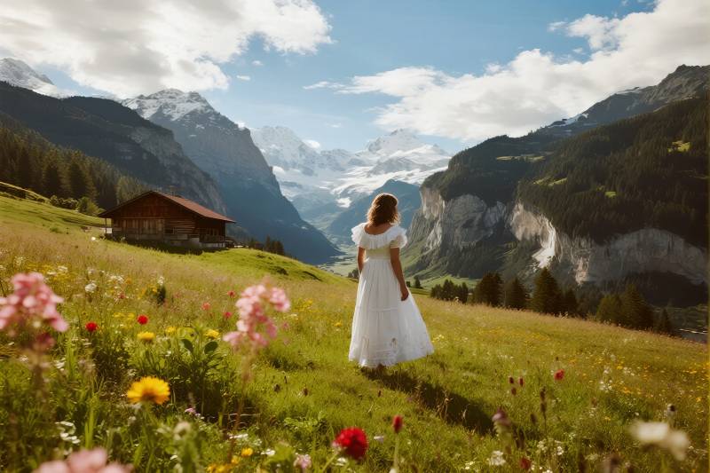 山间花野新娘影图片