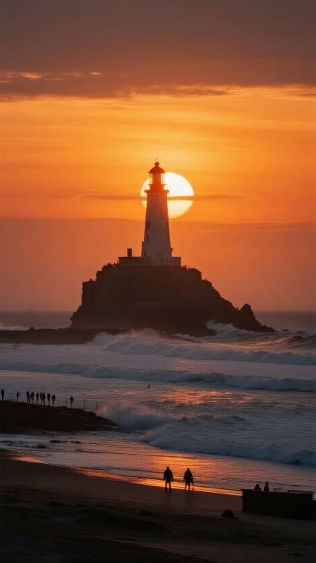 灯塔日落海景图片