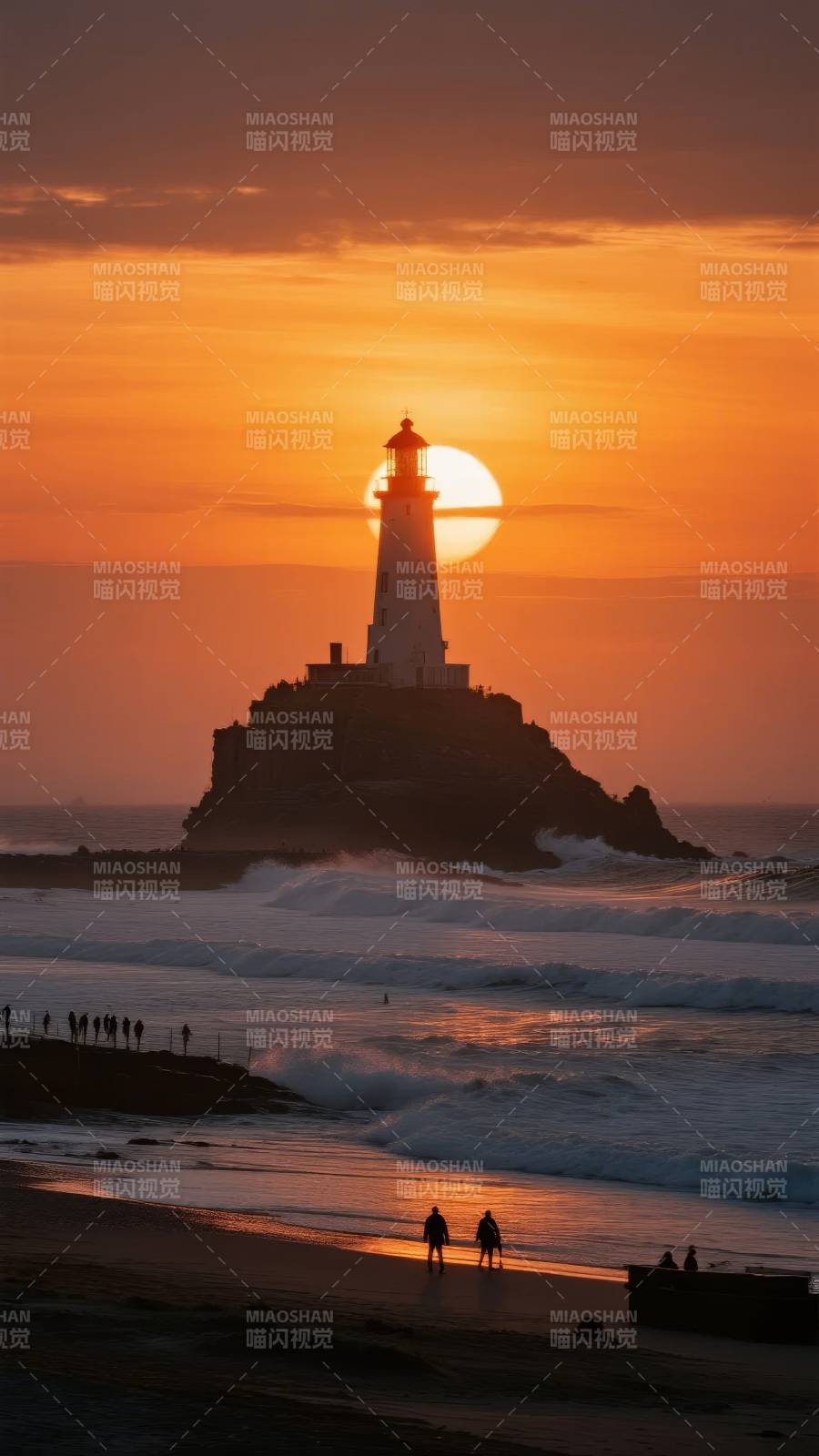 灯塔日落海景图片