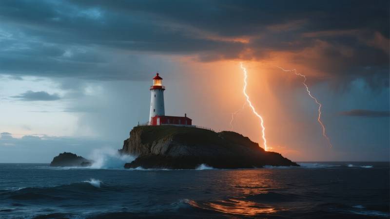 灯塔闪电夜景图片