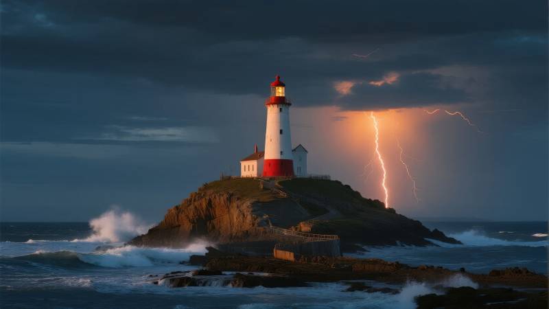 灯塔闪电夜景图片