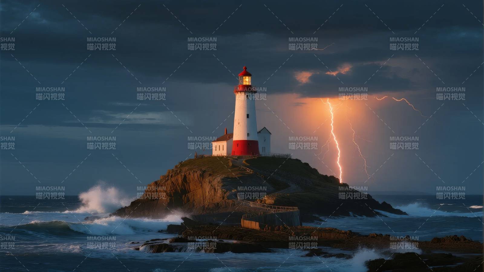 灯塔闪电夜景图片