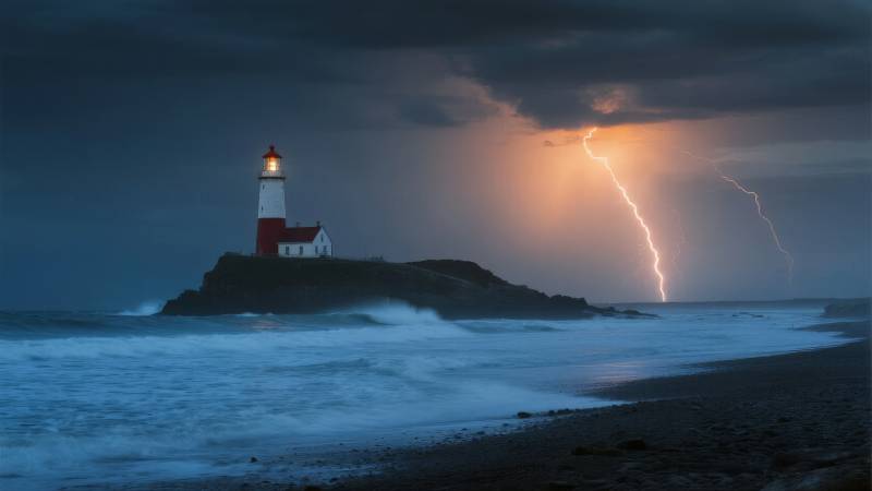 灯塔闪电夜景图片