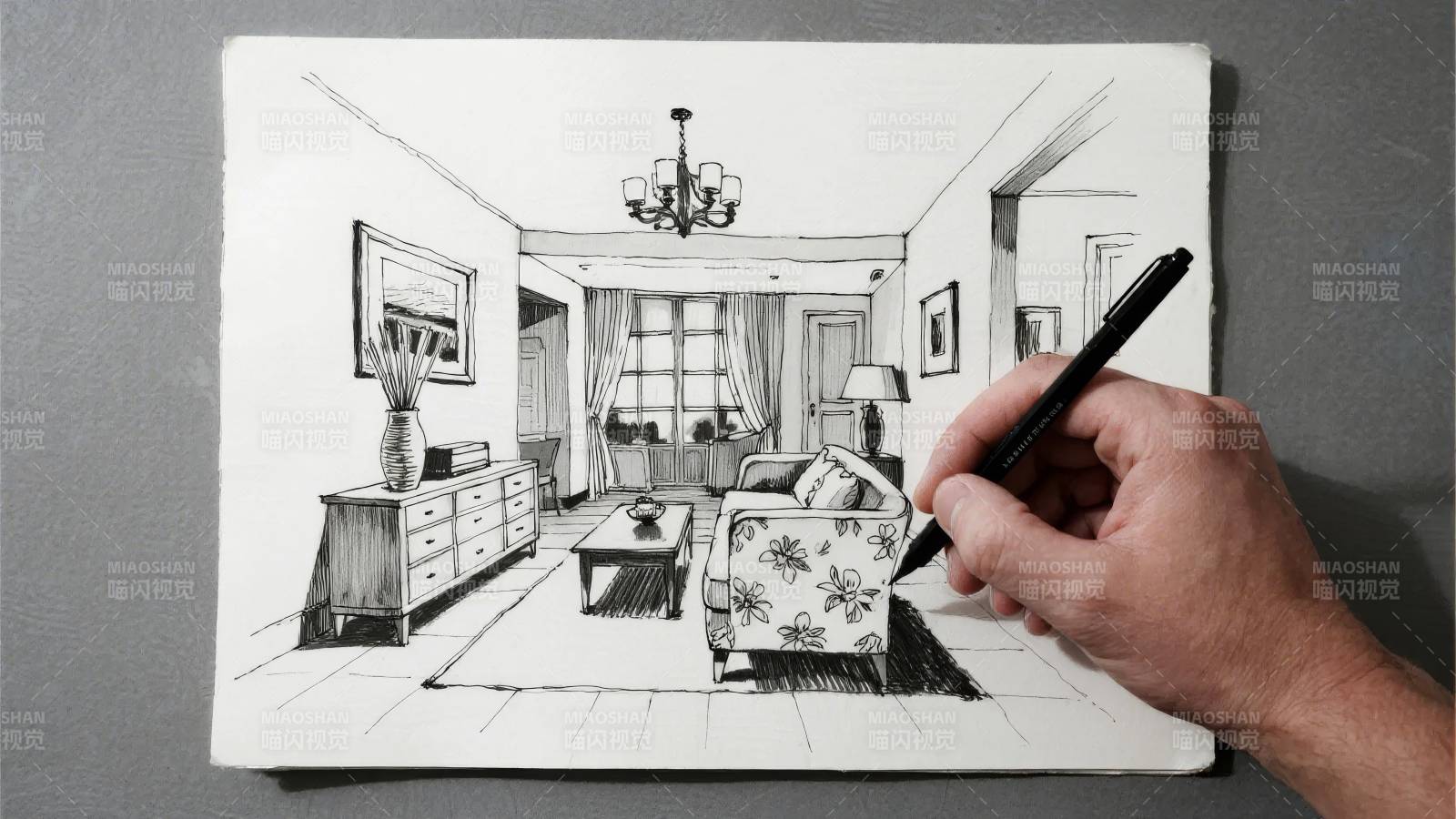 手绘客厅素描图片