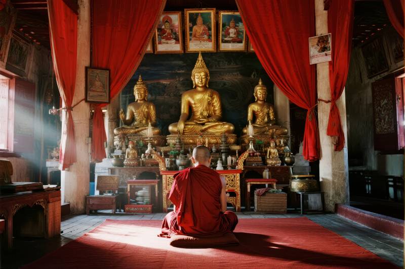 僧人静坐佛前图片