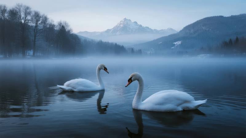 雾湖双天鹅图片