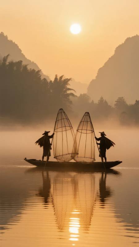 晨雾渔舟影图片